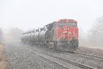 CN 3055 disappears in to the snow as U756 heads away